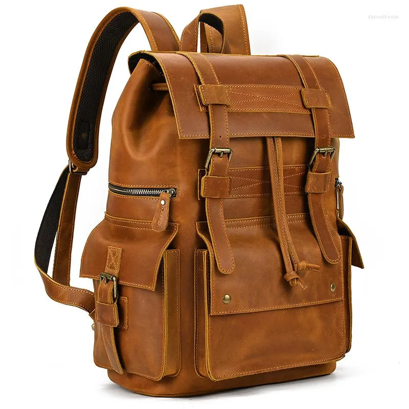 Sacs d'école Arrivées Sac à dos en cuir de luxe Homme Véritable Sac de voyage en peau de vache Hommes Mâle Vintage 17 pouces Sac à dos pour ordinateur portable