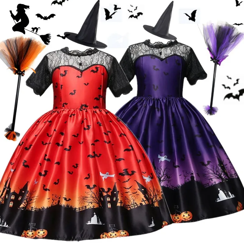 Cosplay Halloween Magic Witch Girls Costume Ghost Bat Dark Carnival Party Dress för 3 10 år barn Disfraz 230825