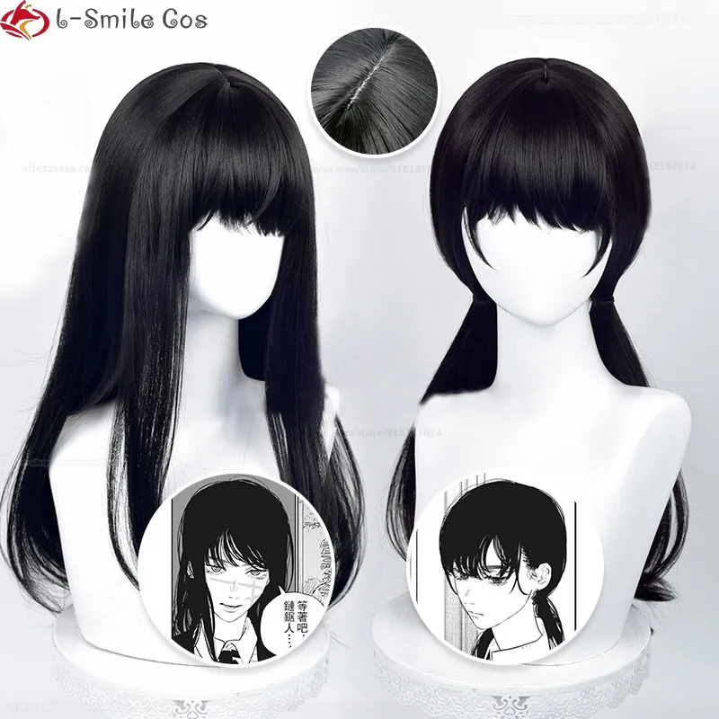 Cosplay perucas anime motosserra homem mitaka asa cosplay peruca asa mitaka 65cm longo preto resistente ao calor cabelo sintético perucas de halloween peruca boné 230826