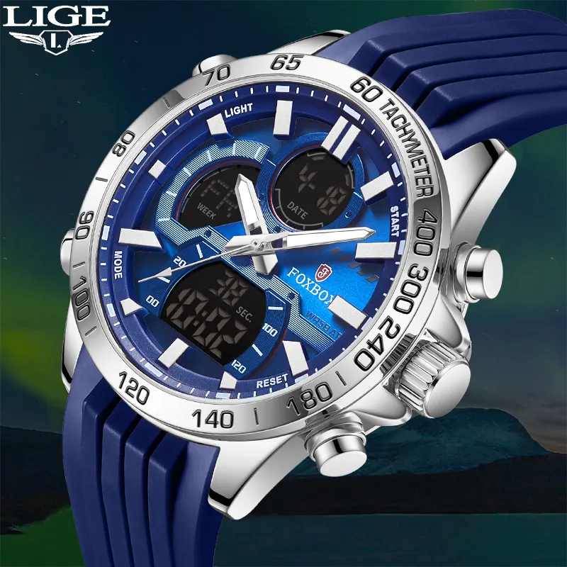 Wristwatches LIGE Luxury Brand Quartz Men Watches LED Digital Sport Wristwatches Steel Strap Waterproof Business Male Clock Relogio Masculino 230825