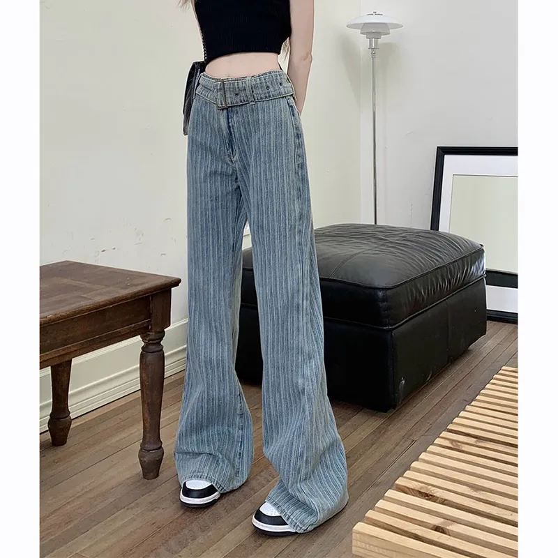 Dżinsy damskie Gidyq Streetwear Women Korean Casual Belt Lose proste dżinsowe spodnie jesień wysokiej talii kobiety szerokie nogi 230825