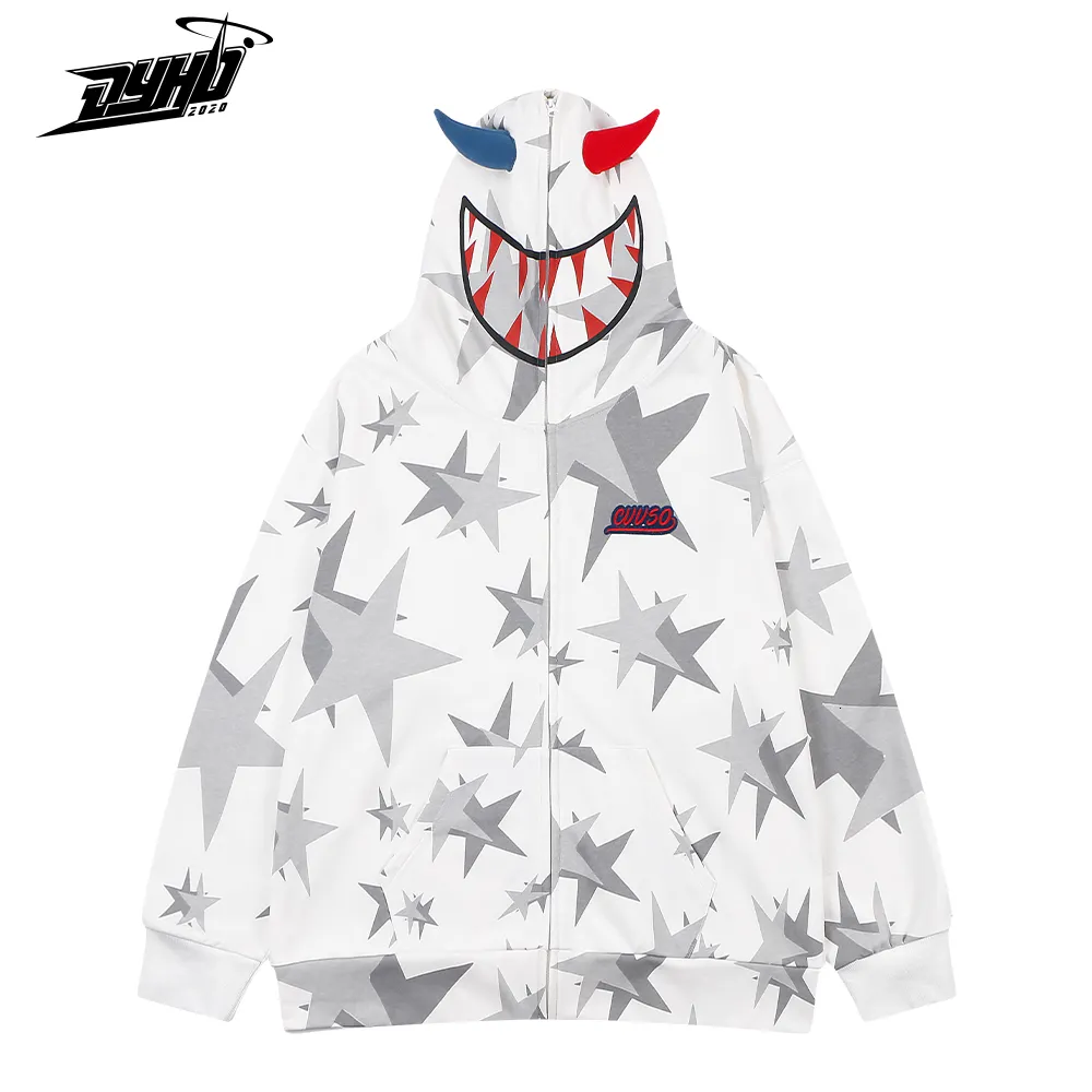 Мужские куртки в стиле хип-хоп Harajuku Demon Star Print Модная зимняя винтажная куртка на молнии с капюшоном Осенняя уличная одежда Хлопковые пальто 230825