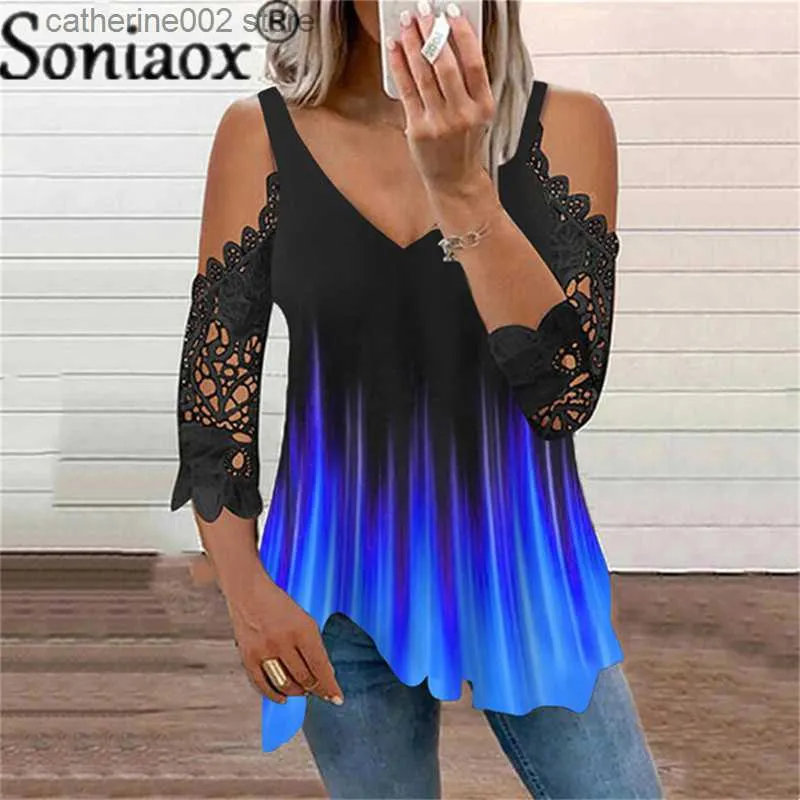 Women's T-Shirt Lace Spliced Off Shoulder Half Sleeve Casual T-Shirt Women Summer New Fashion Gradient Print Tank Tops Irregular Loose Sling Tee T230826