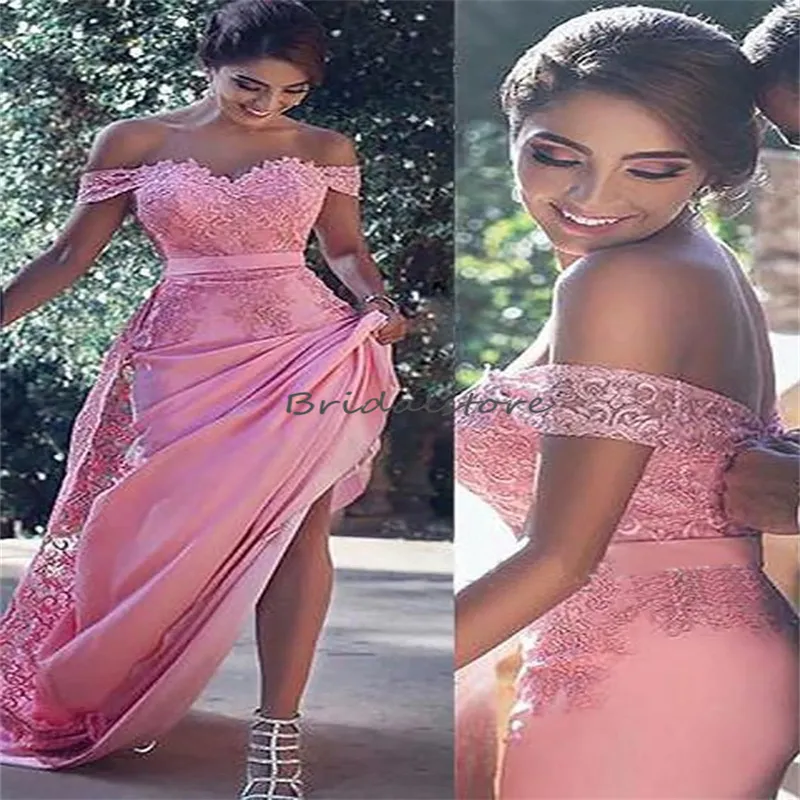 Pink Puff Short Sleeve Sexy Prom Dresses, Off Shoulder Handmade Flowers Beading long Formal dress  C1447