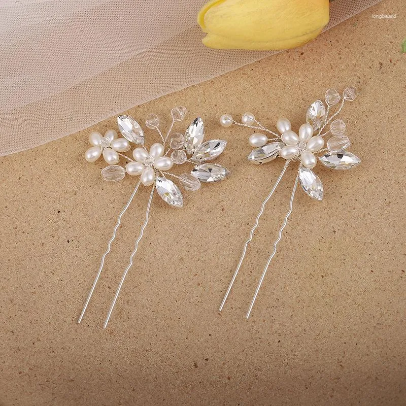 Hårklipp 2st Silvery Pearl Crystal Pins Wedding Accessories Ornament Women Bridal Sticks Head Decoration