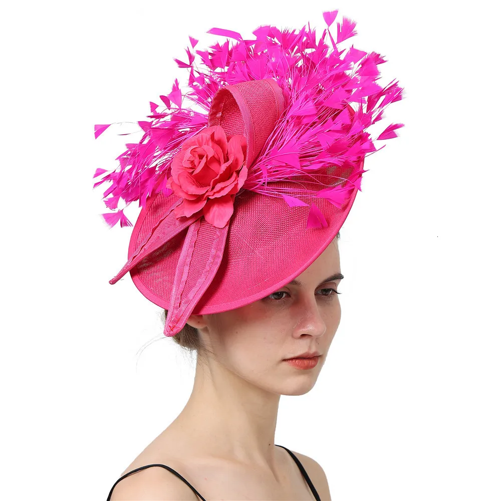 Large Brim Chapeaux Seau Élégant Rose Plume Fascinator Mariage Mariée HairClip Chapeau D'événement Pour La Fête Cocktail Coiffe Dame Motif Floral Chapeaux 230825