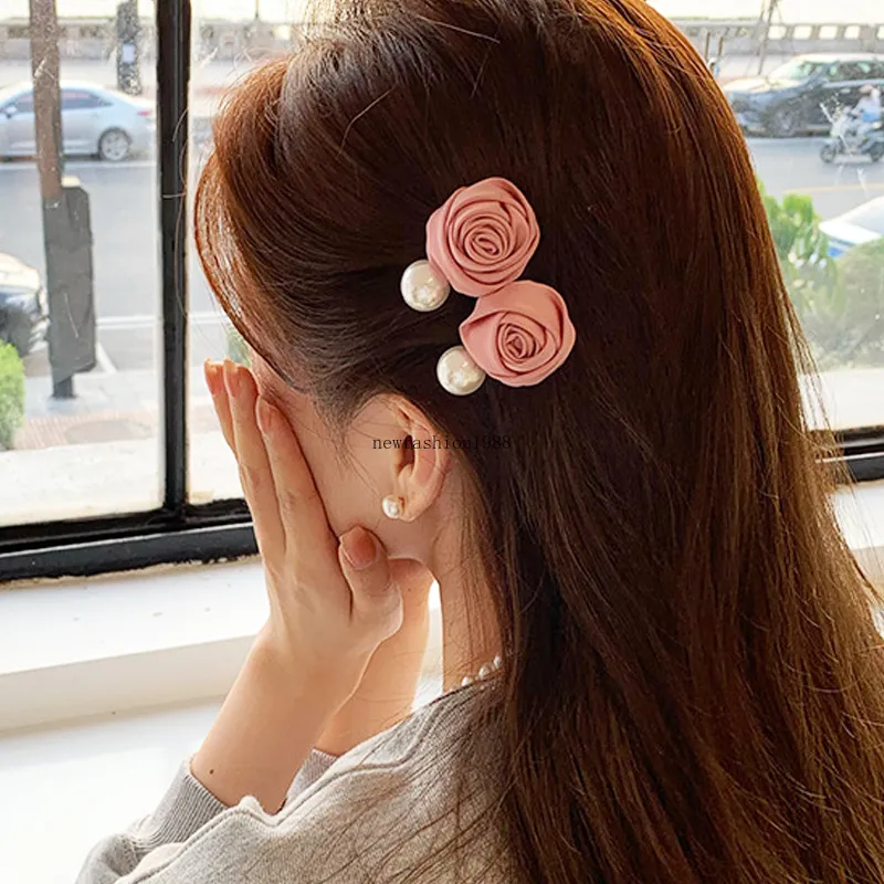 Słodka perła róża kwiat barrettes klips do włosów dla kobiet dziewczęta do włosów na czoło grzywki