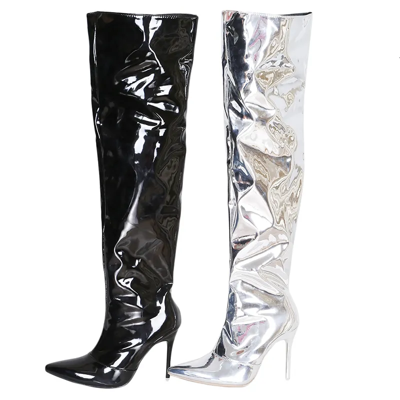 Bottes Sexy argent miroir cuissardes femmes T Show bout pointu Club chaussures de fête mince talons hauts sur le genou bottes longues pour les femmes 230825