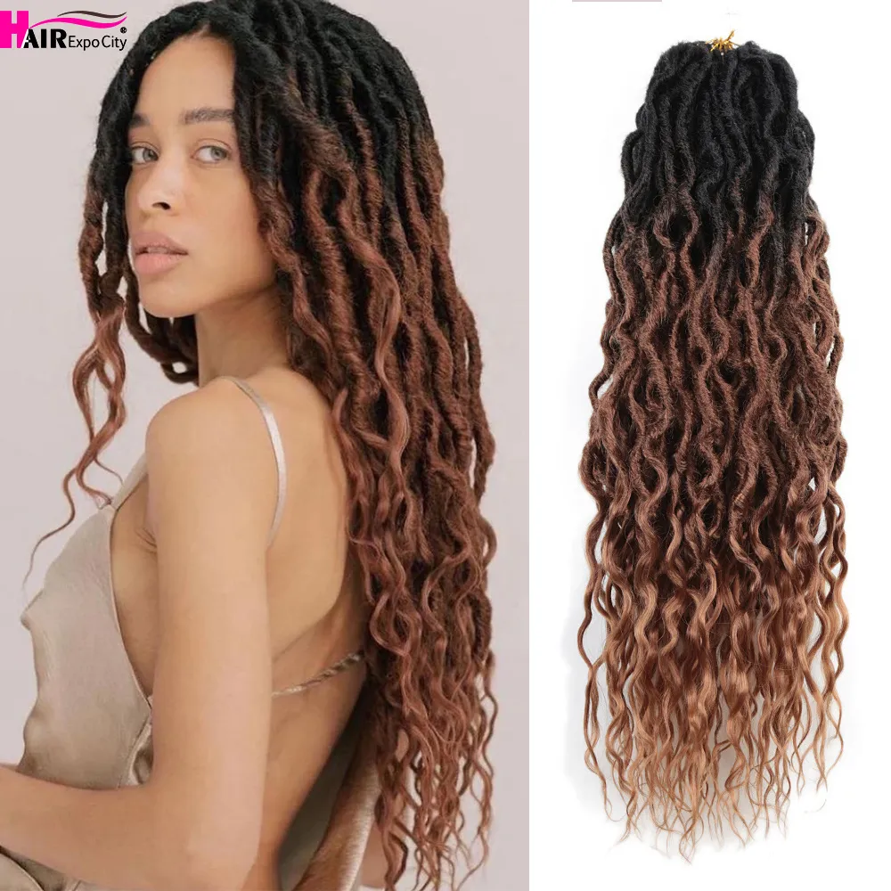 Human Hair Hulks Goddess Faux Locs Crochet Hair مع نهايات مجعدة LOCs ملكة ملكة مسبقًا ضفائر OMBRE الاصطناعية.