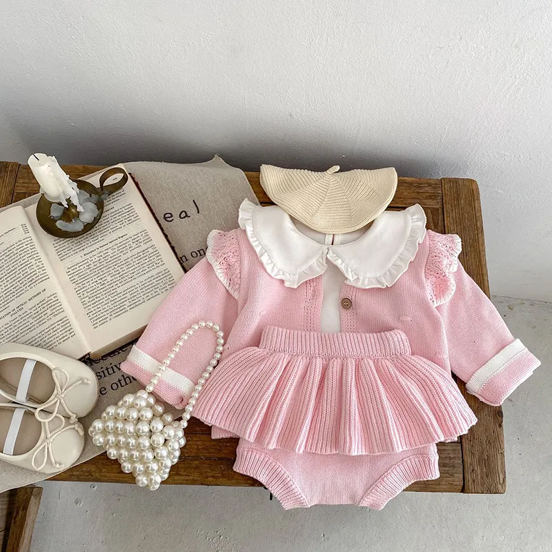 Kleidung Sets MILANCEL Herbst Baby Kleidung Set Infant Nette Rosa Gestrickte Liebe Mantel Bloomer Kleinkind Outwear 230825