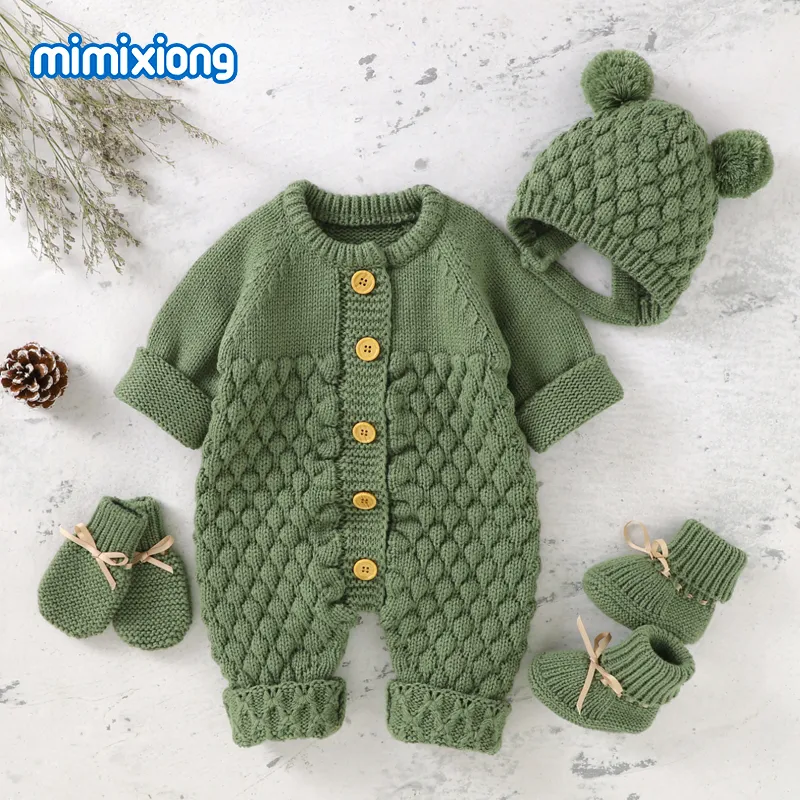 Rompertjes Baby rompertjes Caps Kledingsets geboren Meisje Jongen Gebreide Jumpsuits Outfits Herfst Winter Lange mouw Peuter Baby Overalls 2 stuks 230825