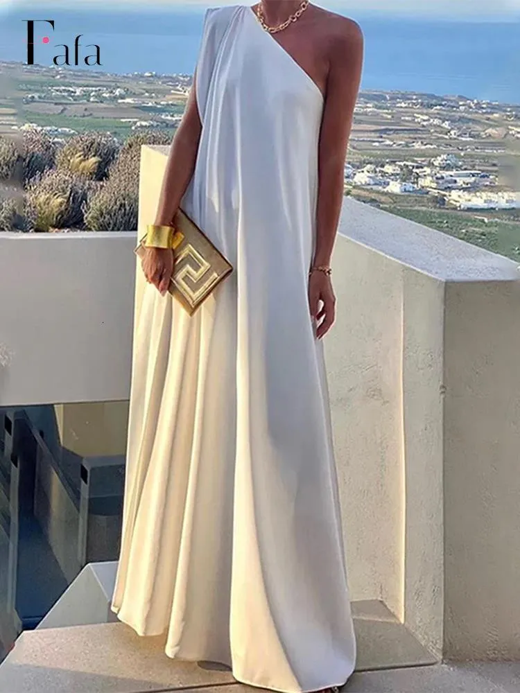 Basic Casual Dresses Elegant White One Shoulder Maxi Dres Sexy Sleeveless Loose A line Party Ladies Fashion Streetwear Robe Vestidos 230826