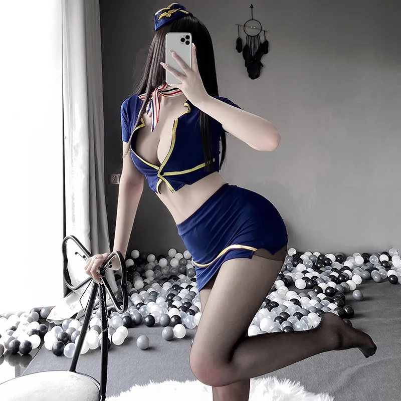 Pijamas sexy Anime Cosplay Disfraces Azafata Uniforme Lencería Azafata Ropa Club Show Top Falda con sombrero Traje Conjunto 230825