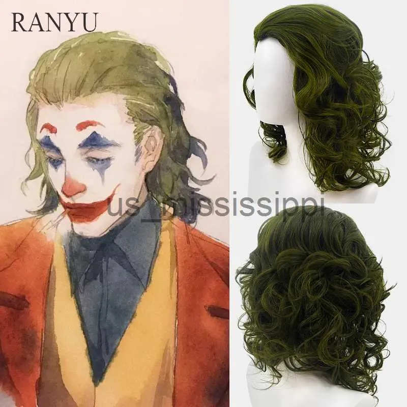 Perucas sintéticas Ranyu Joker Anime Cosplay Peruca Ondulada Encaracolada Sintética Verde Curto Homens Peruca para Festa Halloween Fibra de Alta Temperatura X0826