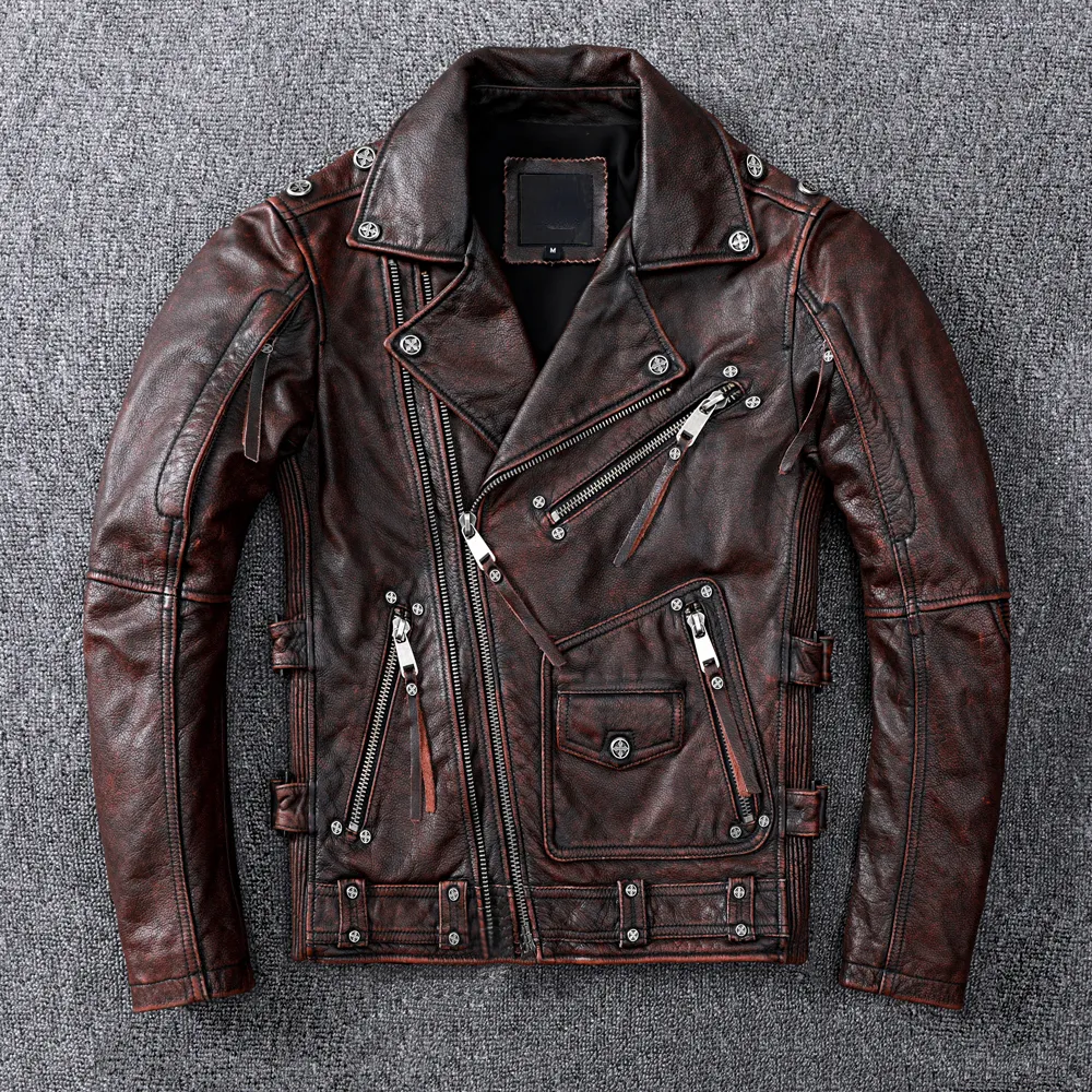Mens Brown Motorcycle Leather Jacket Vintage Biker Coat, Slim