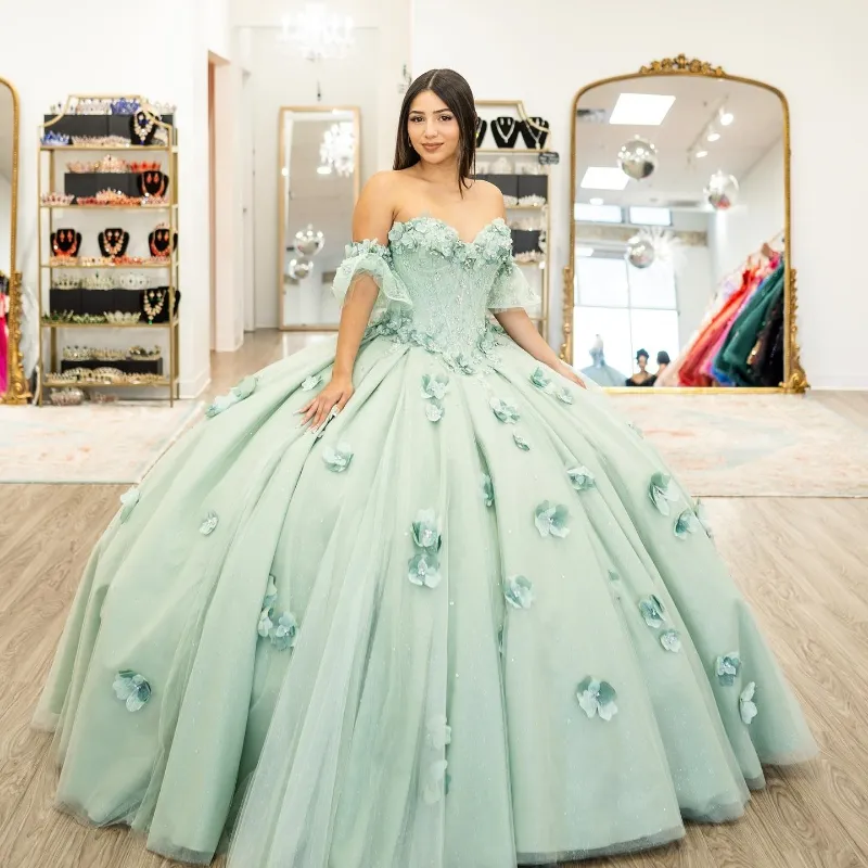 豪華なセージグリーンの光沢のある恋人Quinceaneraドレスフラワーアップリックスウィート16ドレスVestidode 15 Anos Lace-up Prom Party Dress