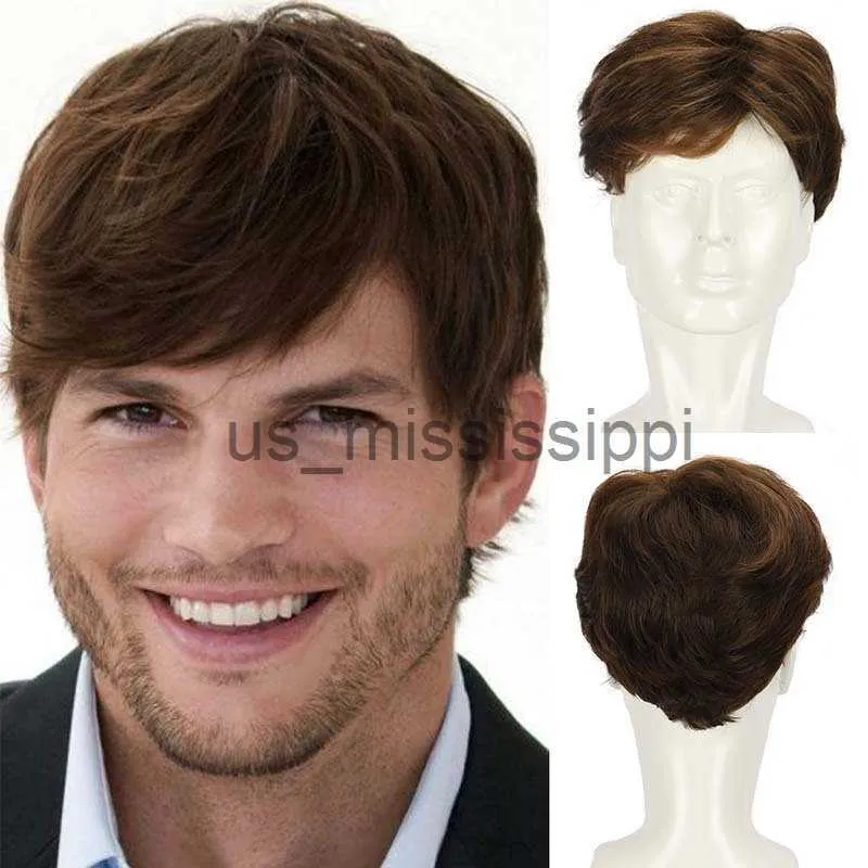 Parrucche sintetiche Parrucca corta marrone da uomo Capelli sintetici lisci naturali Pixie Cut Toupee Onda Parrucche resistenti al calore per uomini di sesso maschile Abbigliamento quotidiano x0826