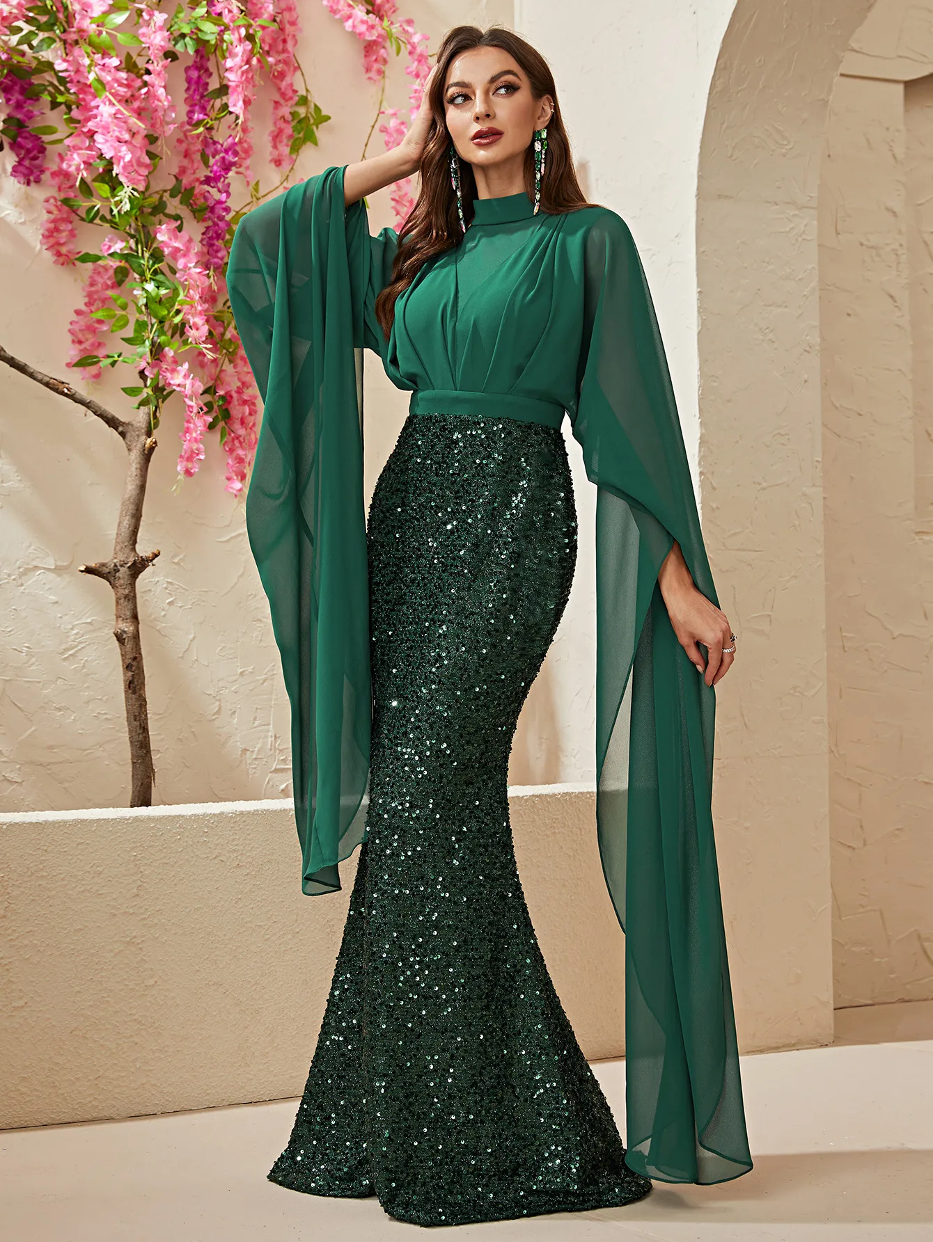 Dark Green Mother Of The Bride Sheer Bateau High Neck Long Sleeve Floor Length Sheath Formal Evening Sexy Custom Made Bing Shiny Special Ocn Dresses 403