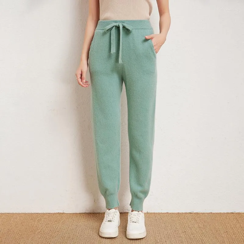 Korean Style Womens 9 Point Knitted Sweatpants Pure Wool Casual