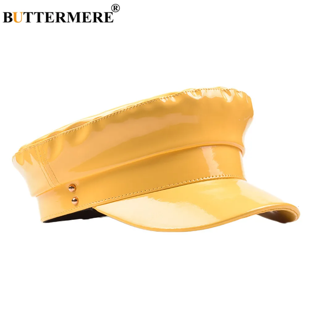 Berets Buttermere Patent skórzany kapelusz wojskowy kobiety solidne żółte czapki lady płaska czapka wiosna jesień marka marynarz 230825