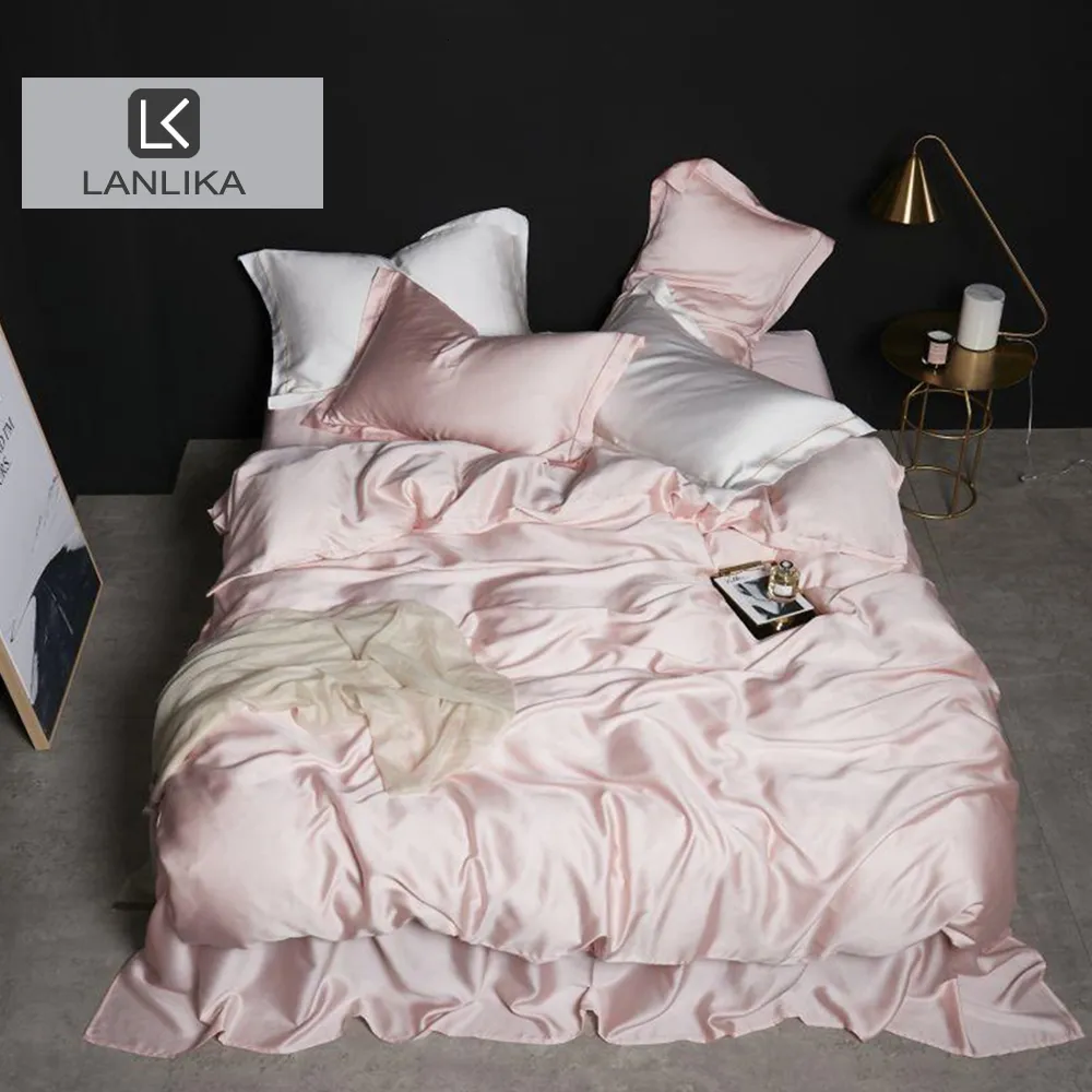 Bedding sets Lanlika Women Pink 100% Silk Bedding Set Double Queen King Duvet Cover Fitted Sheet Or Flat Sheet Bed Linen Pillowcase For Bed 230825