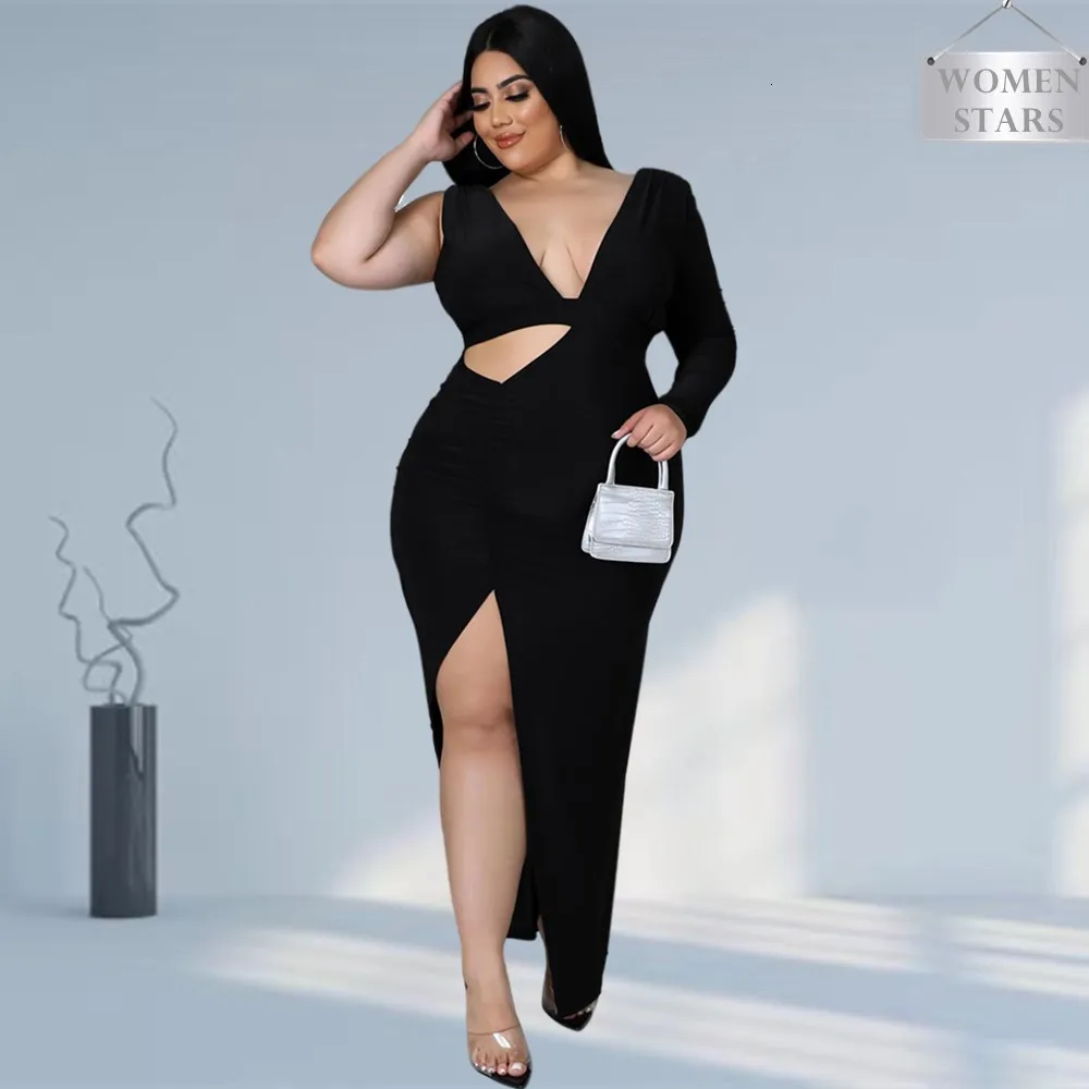 Plus size Dresses Sexy Size for Women Hollow Out Solid V Neck Elegant Party Bodycon Maxi Dress Club Outfits Wholesale Drop 230825