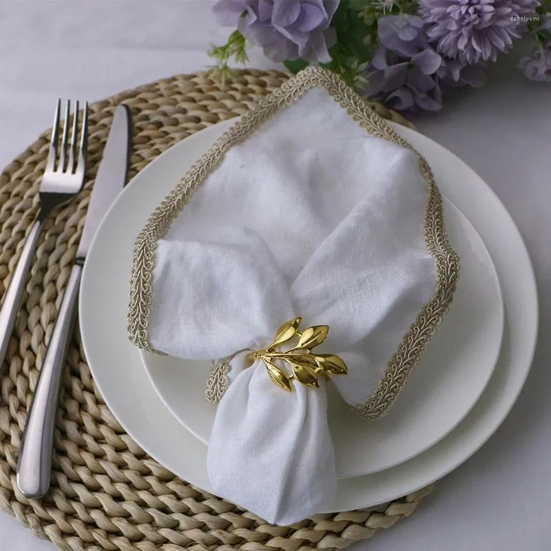 Serviette de Table en lin, 4 pièces, 35x35cm, tissu à bord en dentelle, carré doux et confortable, pour décoration de mariage, dîner, fête d'anniversaire