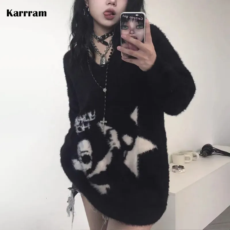 Women's Sweaters Karrram Gothic Skulls Sweater Grunge Dark Aesthetics Knitted Jumper V-neck Harajuku Loose Mohair Pullover Emo Alt Knitwear Y2k 230827