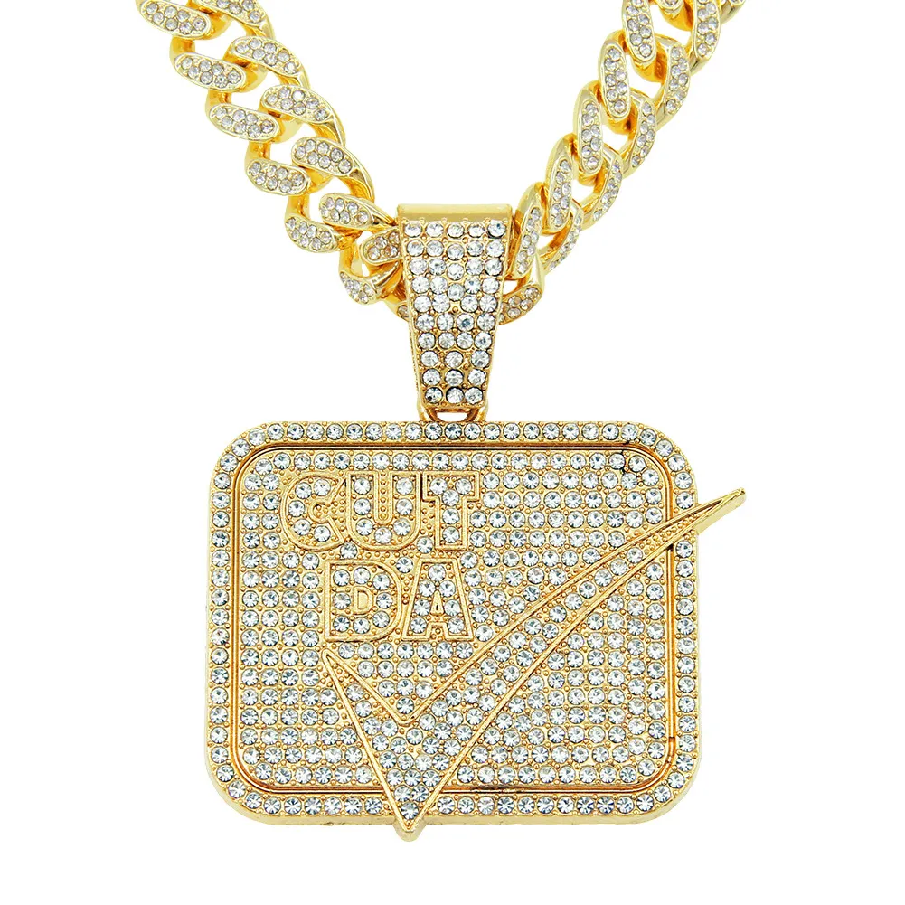 Hip Hop Men Rapper Diamond Pendant Necklace Shiny Cut Da Tick Square Pendant Micro-Inset Zircon Jewelry Night Club Accessory Sweater Collone Cuban Chain 1797