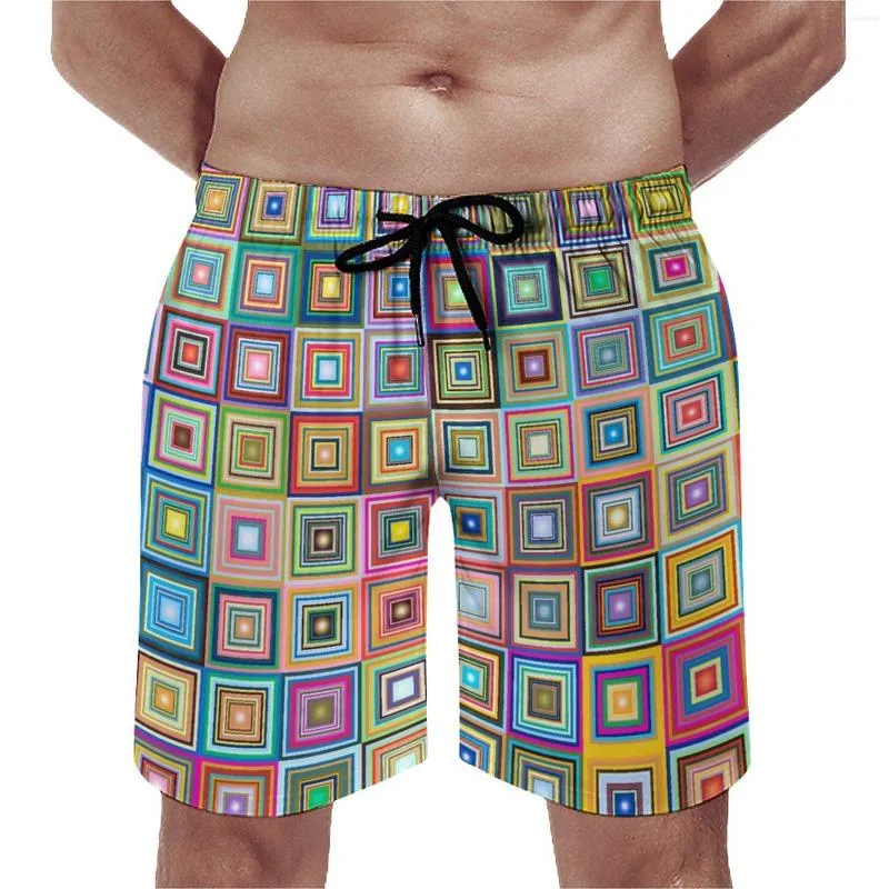 Herr shorts sommar gym roligt retro fyrkant som körs surf färgglada plattor design strand avslappnad bekväm badstammar plus storlek