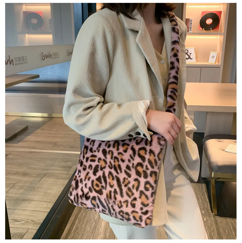 Evening Bags Leopard Print Shoulder Women Bag Winter Soft Faux Fur Ladies Hand Bags Casual Fluffy Crossbody Messenger Bag Bolsa Feminina 230826