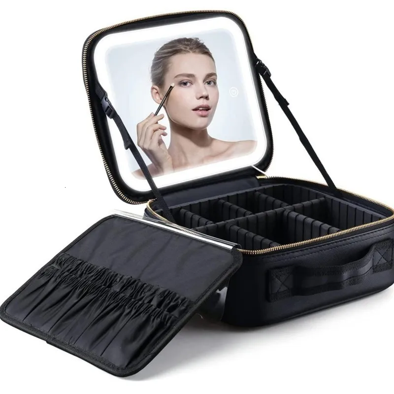 Torby kosmetyczne Kobiety Kobiety LED Light Cosmetic Bag 4K Full Screen Mirror Cosmetic Case Luxury PU Large Proces Portable Travel Makeup Torby dla kobiet 230826