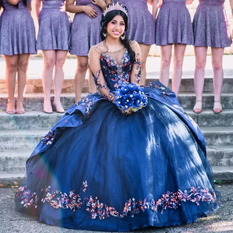 Navy Glittering Long Sleeved Quinceanera Dresses Vestidos De 15 Anos Applique 3D Flowers Lace Formal Princess Birthday Party Gowns