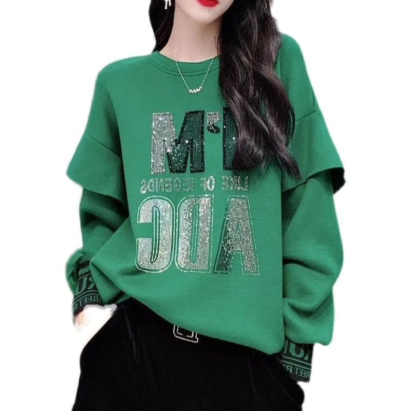 Sweat-shirt à capuche pour femmes, sweat-shirt avec lettres en diamant, hauts sans chapeau, manteau surdimensionné, vêtements d'extérieur, Streetwear, col rond, décontracté, 230826