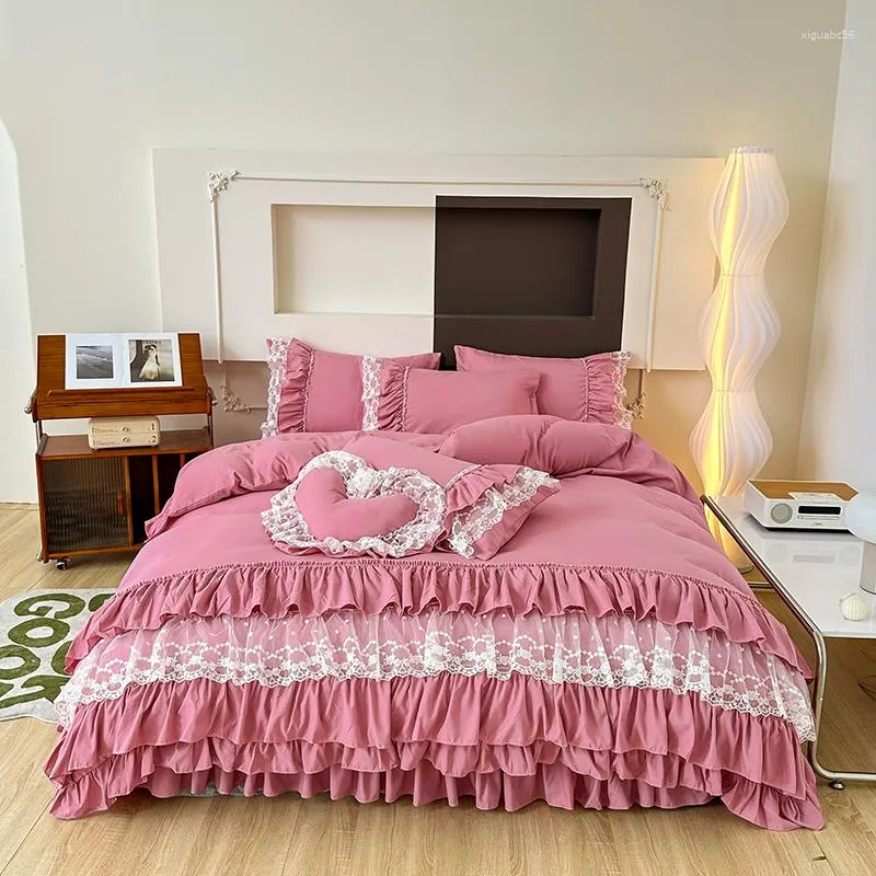 Conjuntos de cama Coreano Princesa Estilo Set Stitch Lace Ruffles Duvet Cover Cama Saia Colcha Folha com Fronhas