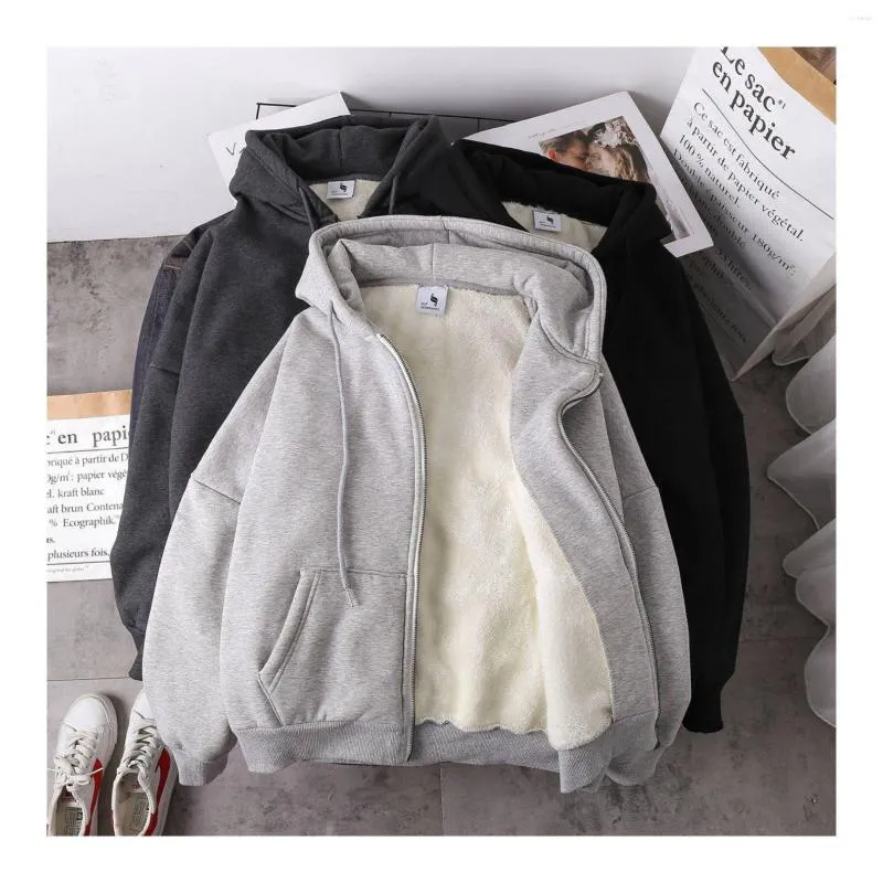 Sweat capuche pour femme manteau en peluche couleur unie velours pais et chaud sweat shirt avec fermeture clair grande taille hiver