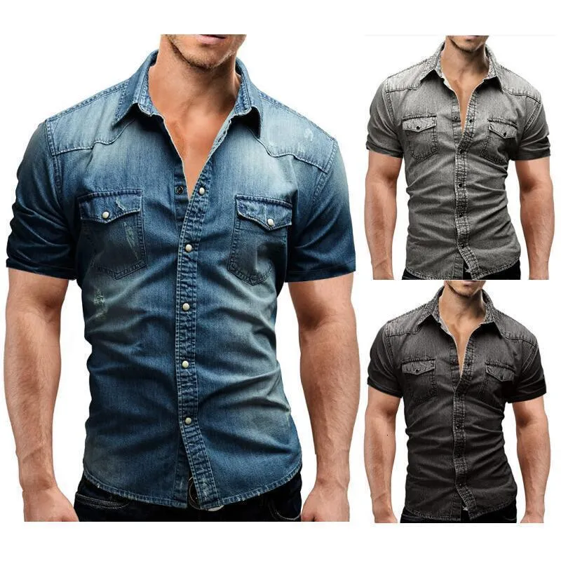 Chemises habillées pour hommes Slim Légère élastique Hommes Denim Chemise à manches courtes Poches en coton doux Jeans minces Cowboy Vêtements 2023 Été 230826