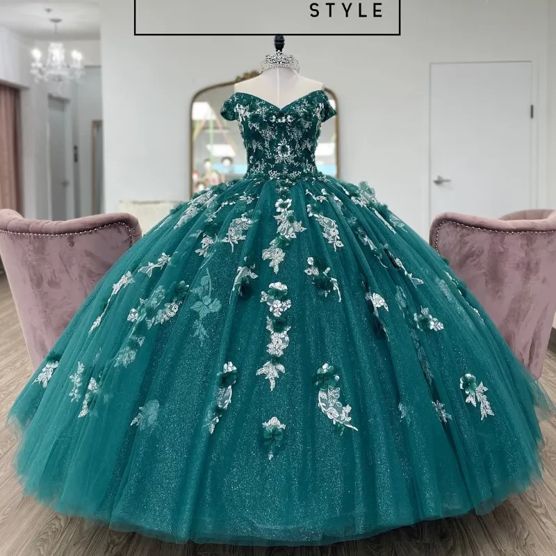 Blackish Green Shiny Princess Ball Gown V-Neck Quinceanera Dress 3DFlower Applique Beads Birthday Party Sweet Vestidos De 15 Anos