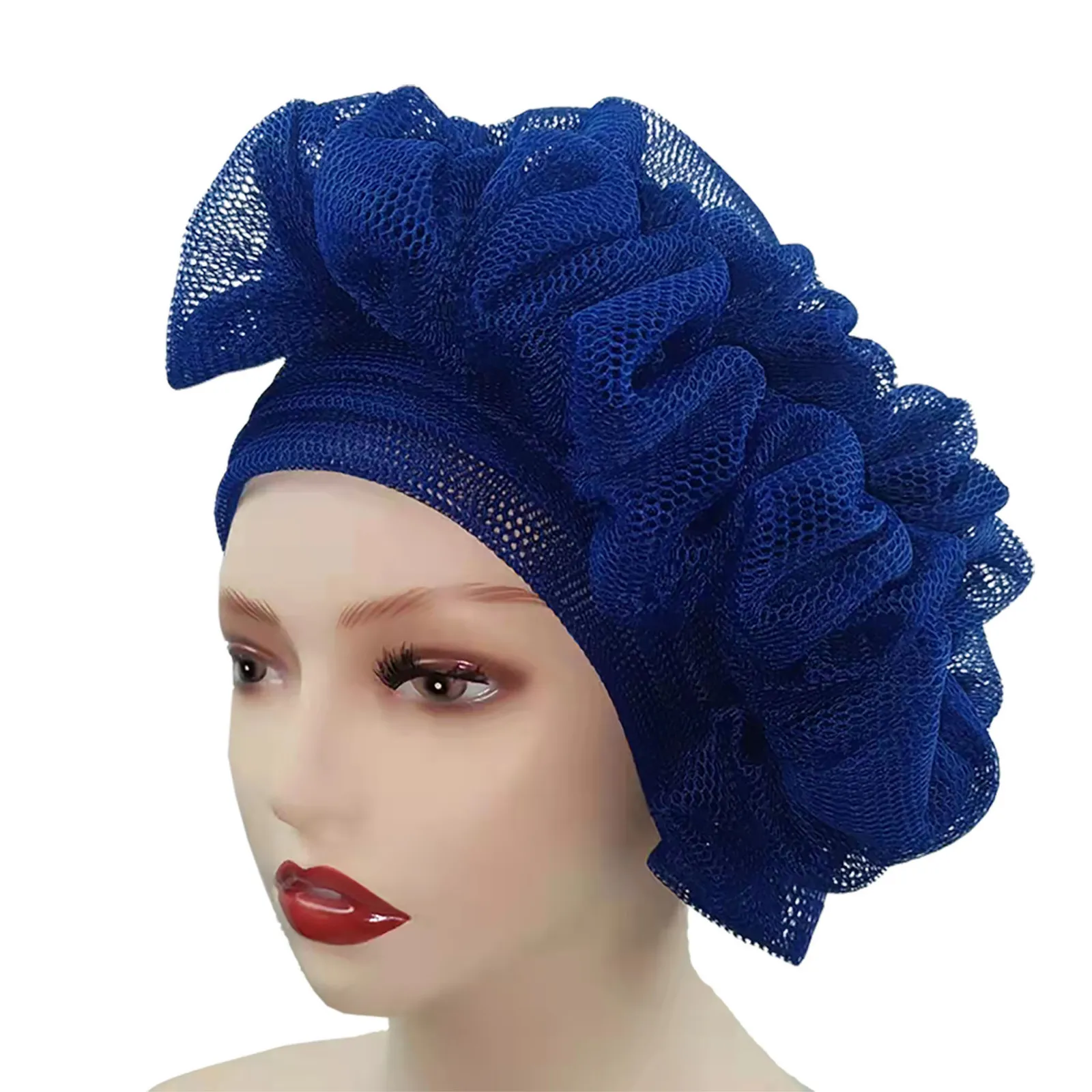 Beanie/Skull Caps Already Made African Headtie Nigeria Auto Geles Lady Head Wraps Summer Mesh Women's Turban Cap with Side Ruffles Design 230826