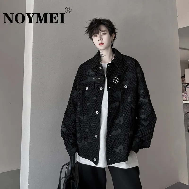 Herrjackor Noymei Coat Trendy Men American High Street Designer's Hollow Out Mesh Heavy Craft Brodered Long Sleeve Jacket WA2498 230826