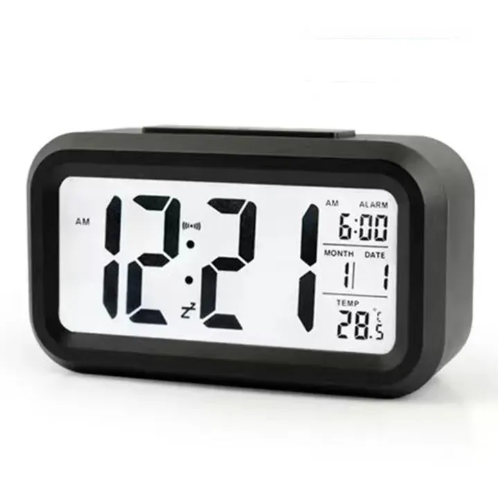 Plastic Mute Alarm Clock LCD Smart Temperature Cute Photosensitive Bedside Digital Alarms Clocks Snooze Nightlight Calendar SN3318