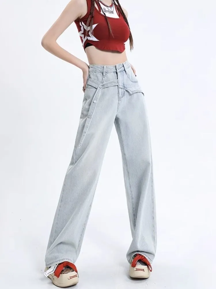 Jeans da donna Deeptown Y2k Estetico Blu Wide Lge Jean Pantaloni denim oversize stile coreano Kpop Harajuku Pantaloni streetwear con design a cintura 230826
