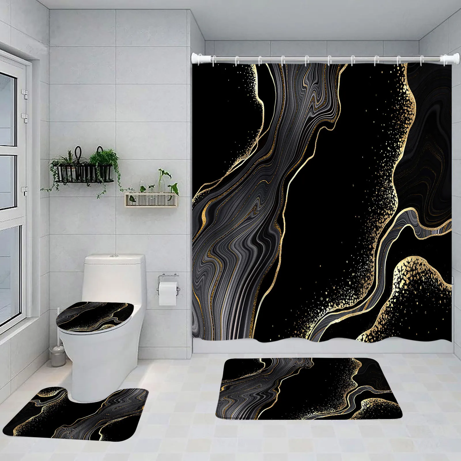 Douchegordijnen Abstract Marmer Douchegordijn Set Gouden Lijnen Zwart Grijs Patroon Modern Luxe Huis Badkamer Decor Antislip Tapijt Toiletdeksel Cover 230826