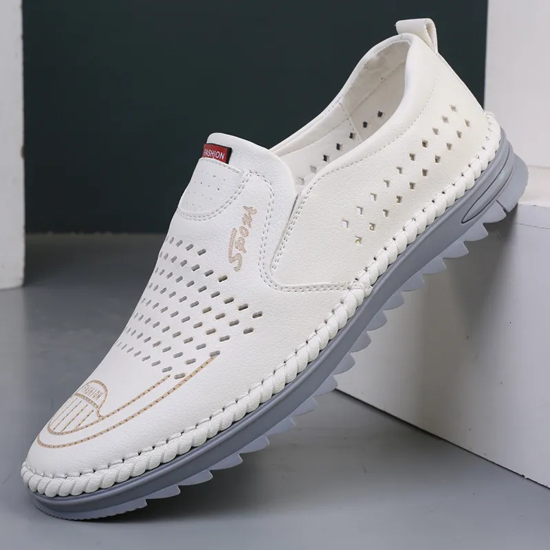 Chaussures habillées en cuir décontracté pour hommes, blanc, été, respirant, cousu à la main, doux et confortable, 230826