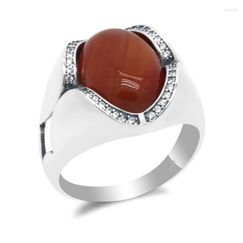 Anillos de racimo Joyería hecha a mano turca 925 Anillo de plata esterlina para hombres con piedra de ágata roja tailandesa para regalo de mujer masculina