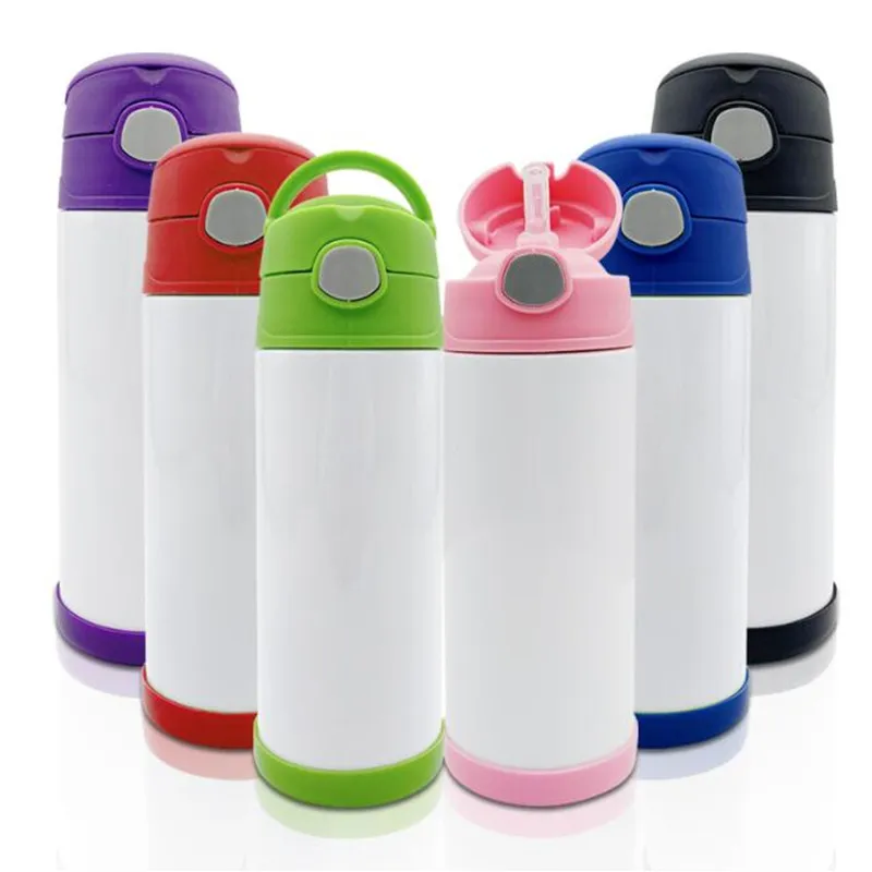 Gobelets à sublimation pour bébé de 12 oz, bouteille d'eau pour enfants, gobelet droit en acier inoxydable, tasses à café de voyage isolées sous vide avec poignée, couvercle de dessous de verre en silicone