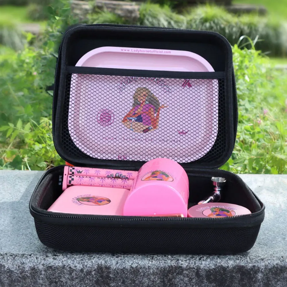 LADY HORNET Pink Smoking Tobacco Kit Herb Grinder Cigarette Case Plastic Storage Jar Metal roling Tray Accessory Wholesale