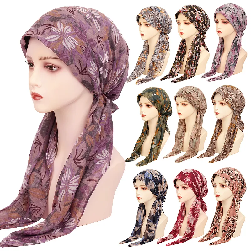 Beanie/Skull Caps Geebro Womens Muslim Hijab Leaves Flower Print Hat Turban Cap Cover Scarf Wrap Pre-Tied Headwear Stretch Bandana 230826