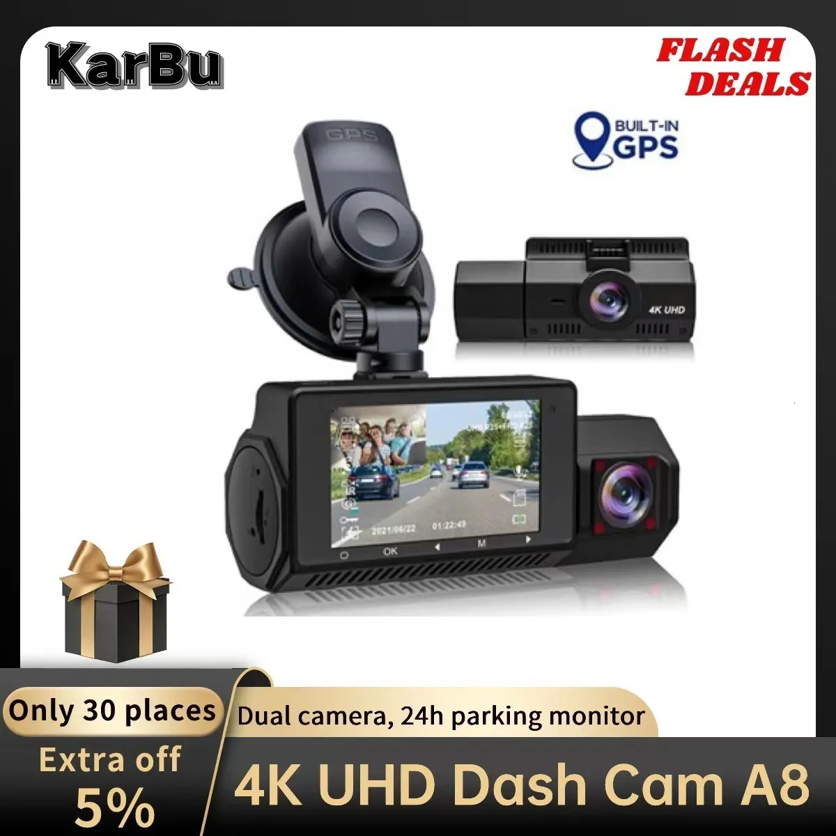 كاميرات Mini Dash Cam Dual Camera 4K للسيارة مسجل فيديو UHD Night Vision Dashcam GPS 24H STARTH STARED 170 ° FOV 2 DRIVE DVRS RESSITAR