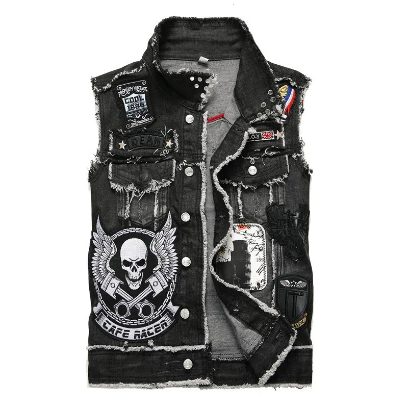 Mäns västar Spring Autumn Casual Denim Vest Fashion Embroidered Print Hip Hop Punk Style Motorcykel ärmlös jacka 230826